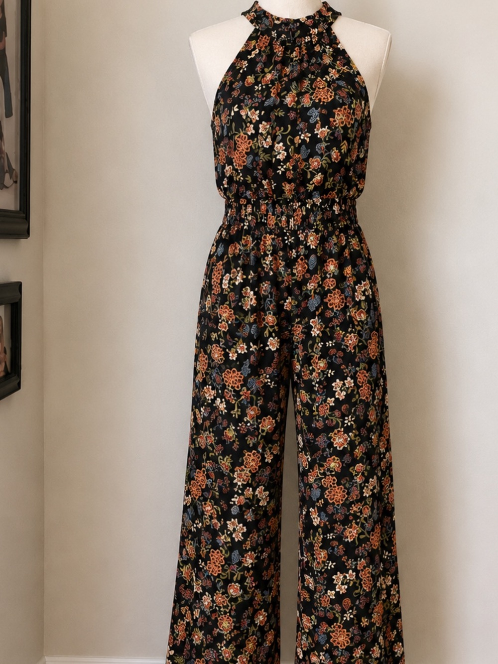 Women's Black Floral Halter Jumpsuit